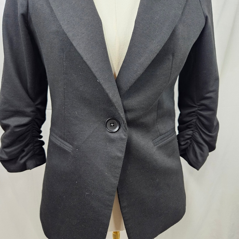 Gibson Womens Black Ruched 3/4 Sleeve Single Button Blazer Jacket Medium - Picture 3 of 6